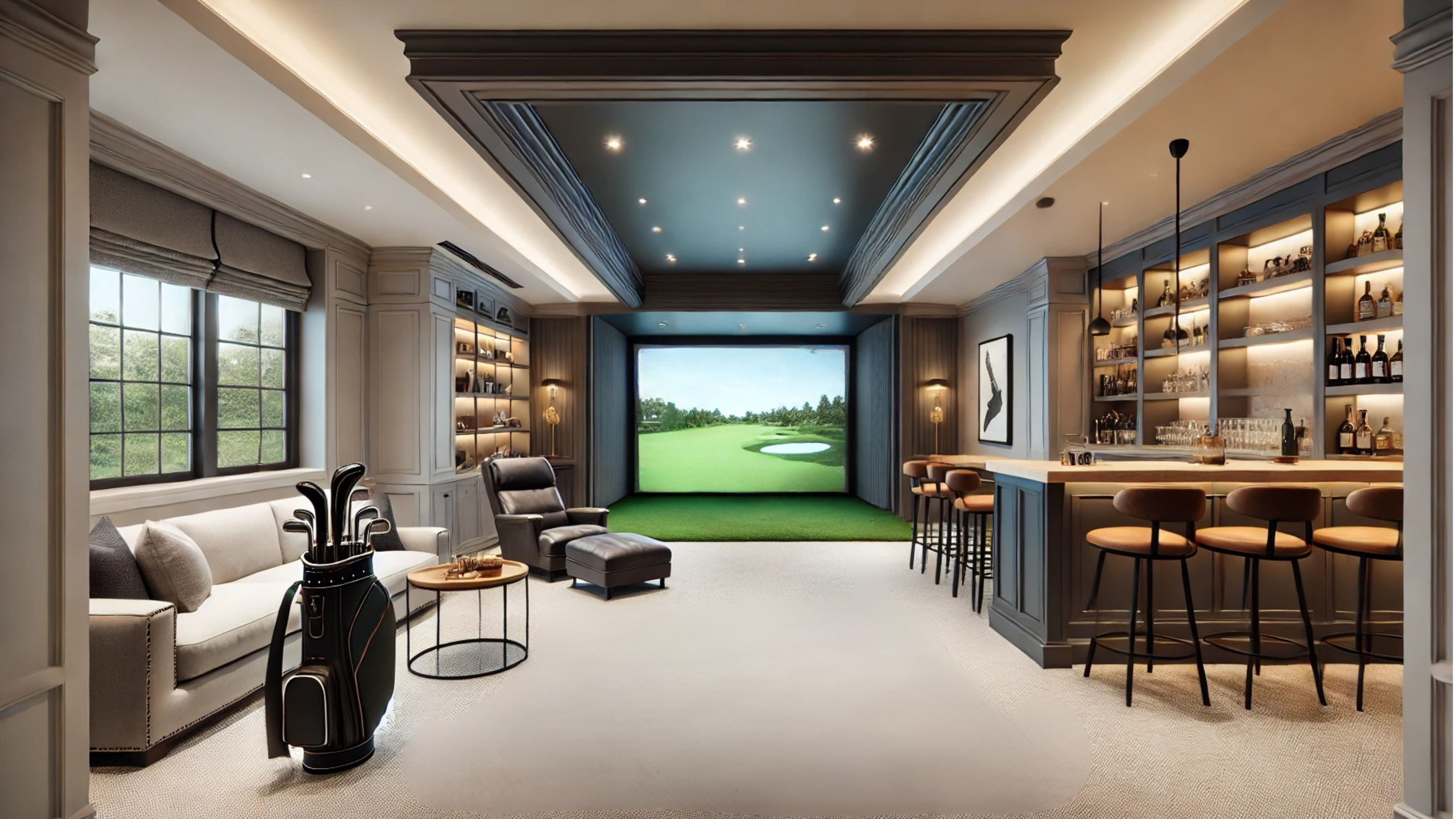 High-end custom golf simulator in modern luxury home